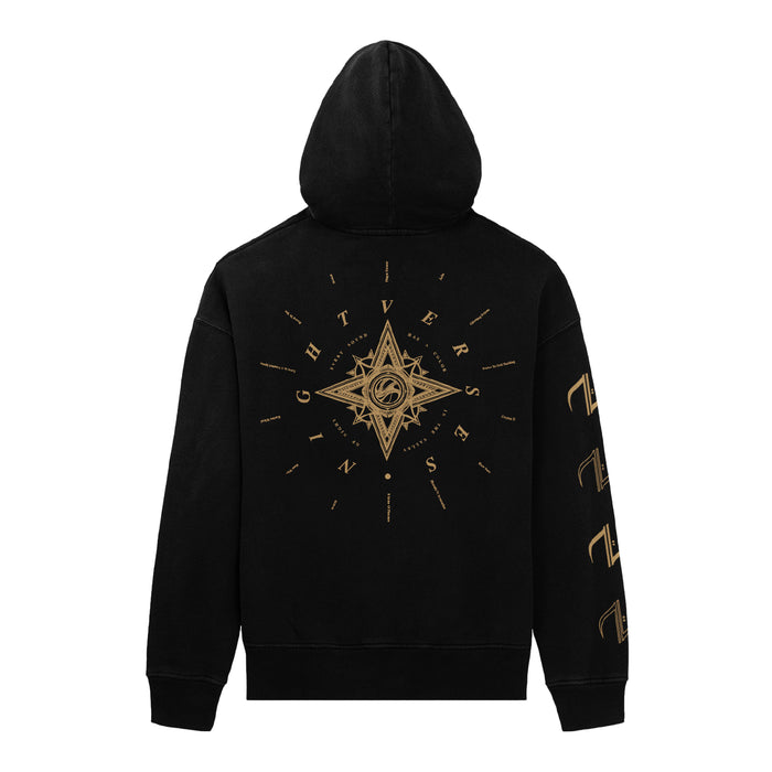 Back of the hoodie. The back has a compass design, with The text "NIGHT VERSES" encircling it.