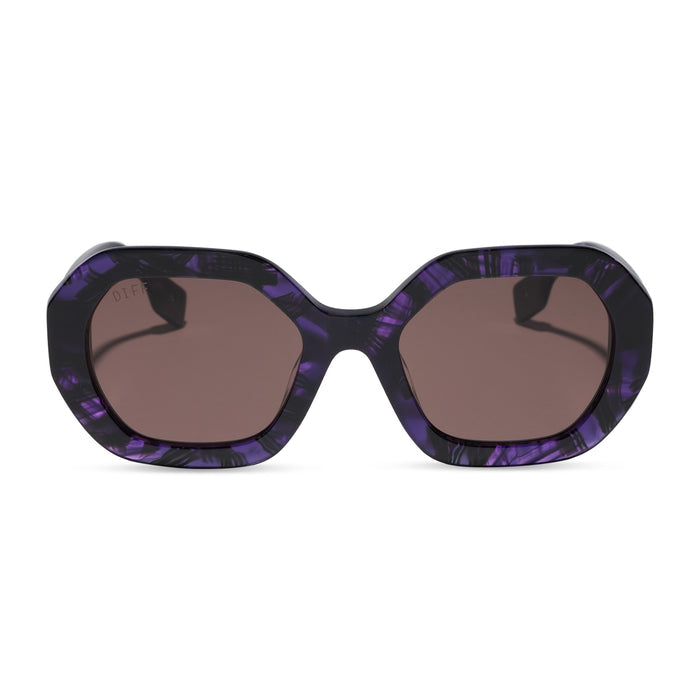 diff eyewear x practical magic 2 featuring the aunt jet round sunglasses with a purple tortoise frame and brown lenses front view