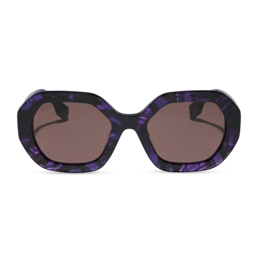 diff eyewear x practical magic 2 featuring the aunt jet round sunglasses with a purple tortoise frame and brown lenses front view