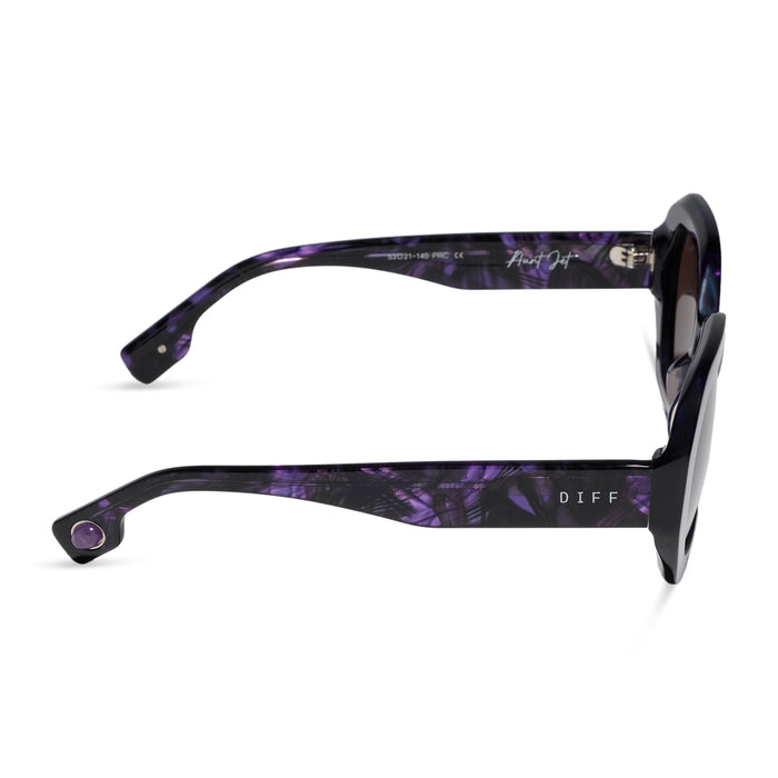 diff eyewear x practical magic 2 featuring the aunt jet round sunglasses with a purple tortoise frame and brown lenses side view