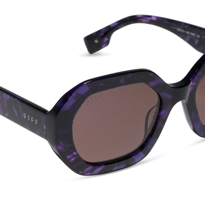 diff eyewear x practical magic 2 featuring the aunt jet round sunglasses with a purple tortoise frame and brown lenses detailed view