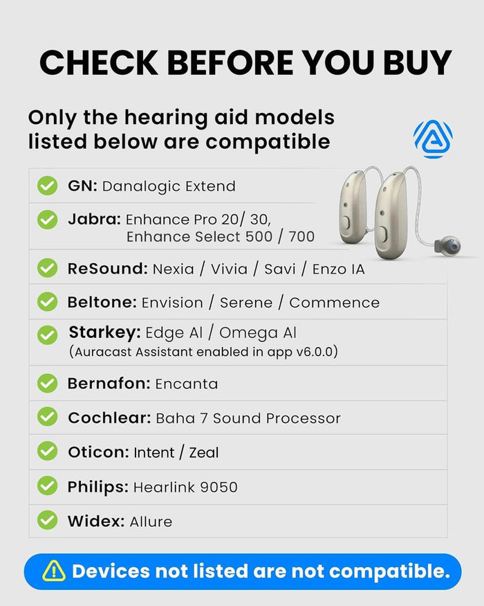 AuraMic Auracast Microphone Transmitter compatibility with Auracast hearing aids, headphones, and receivers.