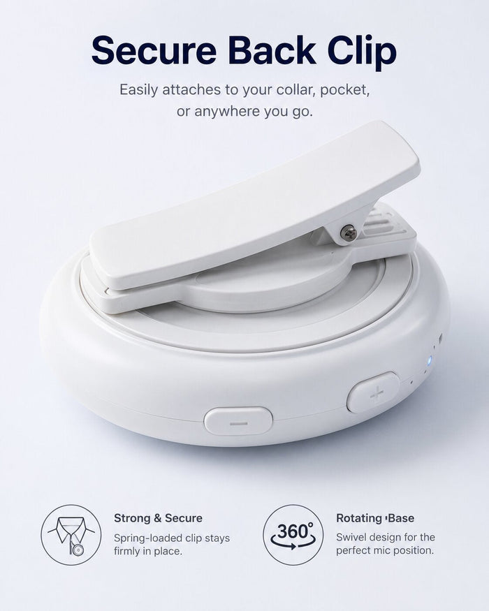 AuraMic Auracast Microphone Transmitter, compact clip-on design for real-time assistive listening in clinics, classrooms, tours, and home care.