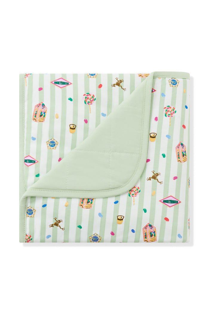 Green and white striped Baby blanket with colorful Harry Potter patterns on a white background
