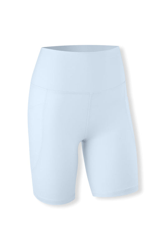 The front of the Bamboo Flex High Rise Biker Short in Breeze shown on a  ghost mannequin