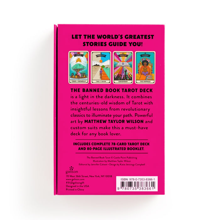 The back cover of the Banned Books Tarot Card Set by Castle Point showcases four card illustrations, a description for book lovers, publisher details, and the ISBN barcode—all set against a bright pink background.