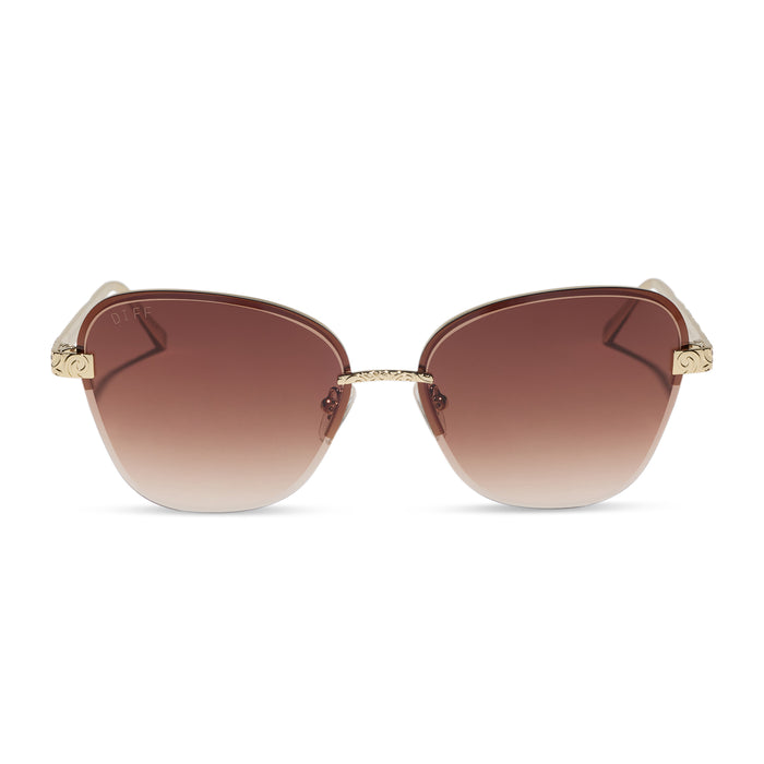 diff eyewear x disney princess featuring the belle 3.0 cateye sunglasses with a metal gold frame and brown gradient lenses front view