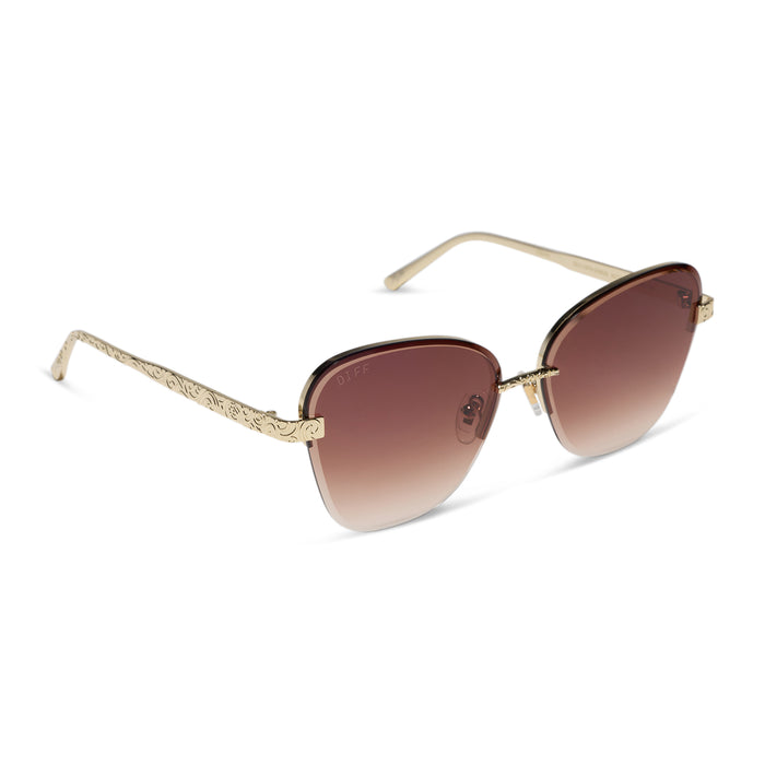 diff eyewear x disney princess featuring the belle 3.0 cateye sunglasses with a metal gold frame and brown gradient lenses angled view