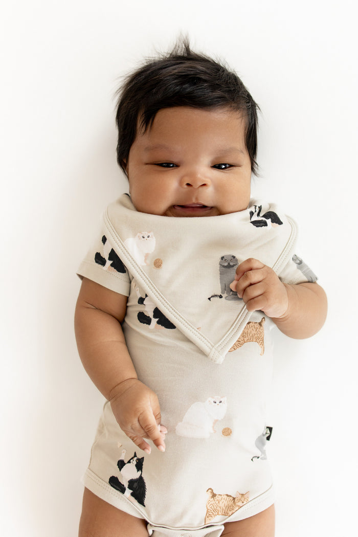 Infant wearing the Bib in Fluffy Cat overtop a short sleeve bodysuit