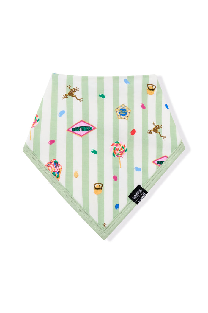 Green and white striped bib with colorful Harry Potter patterns on a white background