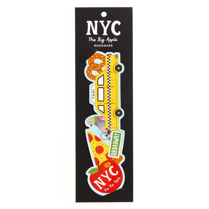 The Big Apple Paper Bookmark by Holly Maguire features NYC icons—a yellow taxi, pretzel, pizza slice, Broadway sign, and a red NYC The Big Apple apple—on a sleek black card with white text.