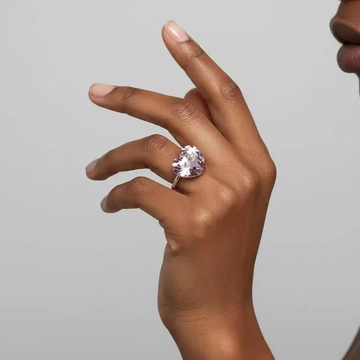 Big Girl Large Light Purple I LOVE YOU Heart Bling Ring worn on a hand showcasing the sparkling Swarovski crystal heart.