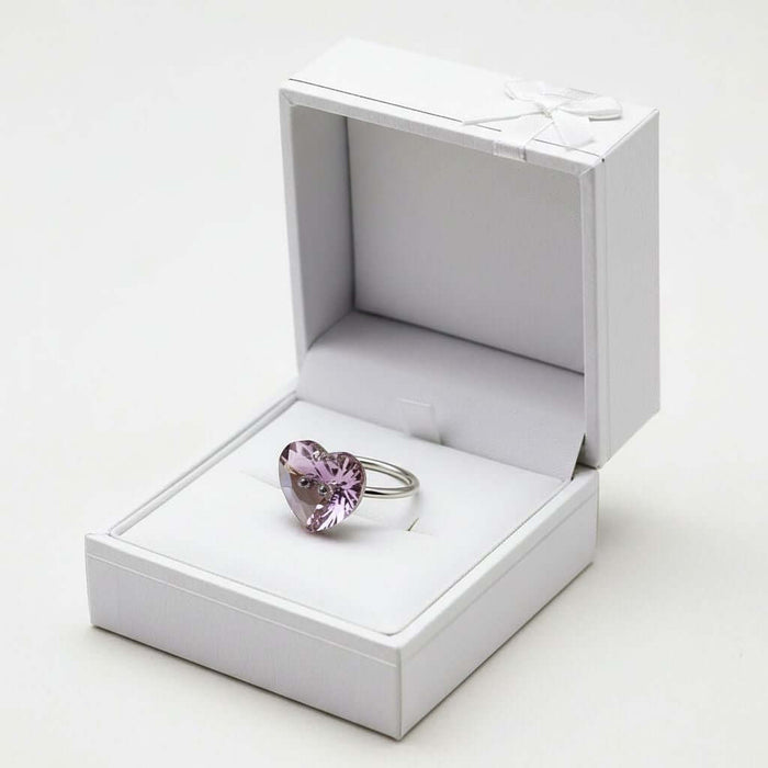 Big Girl Large Light Purple I LOVE YOU Heart Bling Ring displayed in a white gift box with a bow.