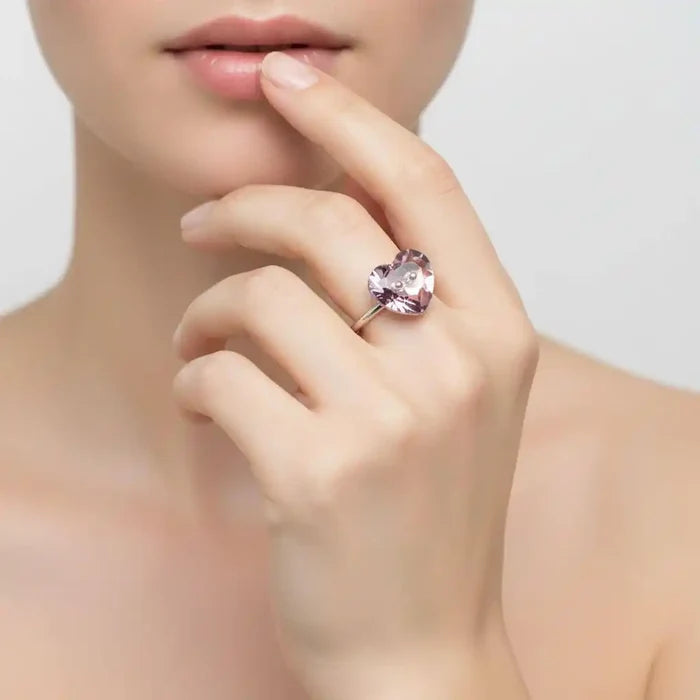 Big Girl Large Light Purple I LOVE YOU Heart Bling Ring worn on a hand, showcasing the shimmering Swarovski crystal heart design.