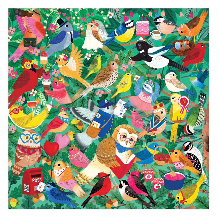 Enjoy a lively, leafy scene with the Rebecca Jones Birding Around 500 Piece Puzzle, featuring many colorful birds—some in costumes—gathering with letters, cakes, and gifts beside a red mailbox. A delightful challenge for puzzle lovers.