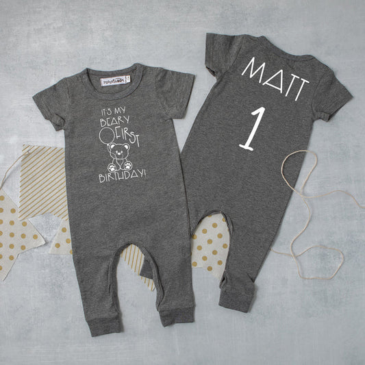 Black "It's My Beary First Birthday" Slim Fit 1st Birthday Romper
