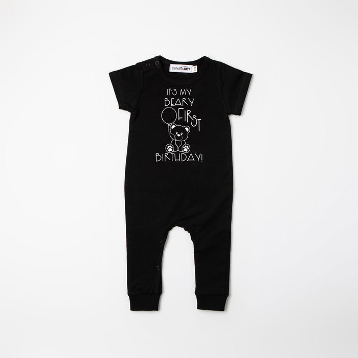 Black "It's My Beary First Birthday" Slim Fit 1st Birthday Romper