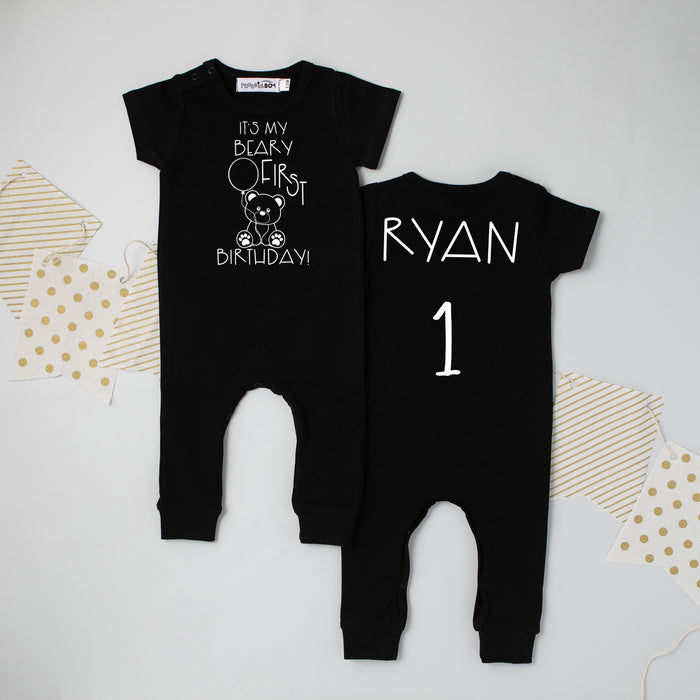 Black "It's My Beary First Birthday" Slim Fit 1st Birthday Romper