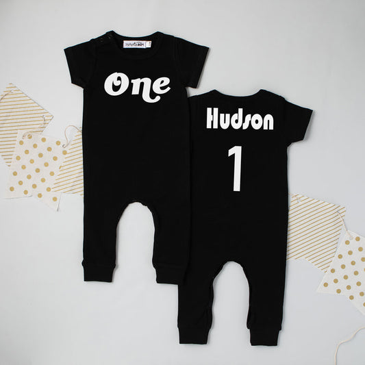 Black "One" Retro Slim Fit 1st Birthday Romper