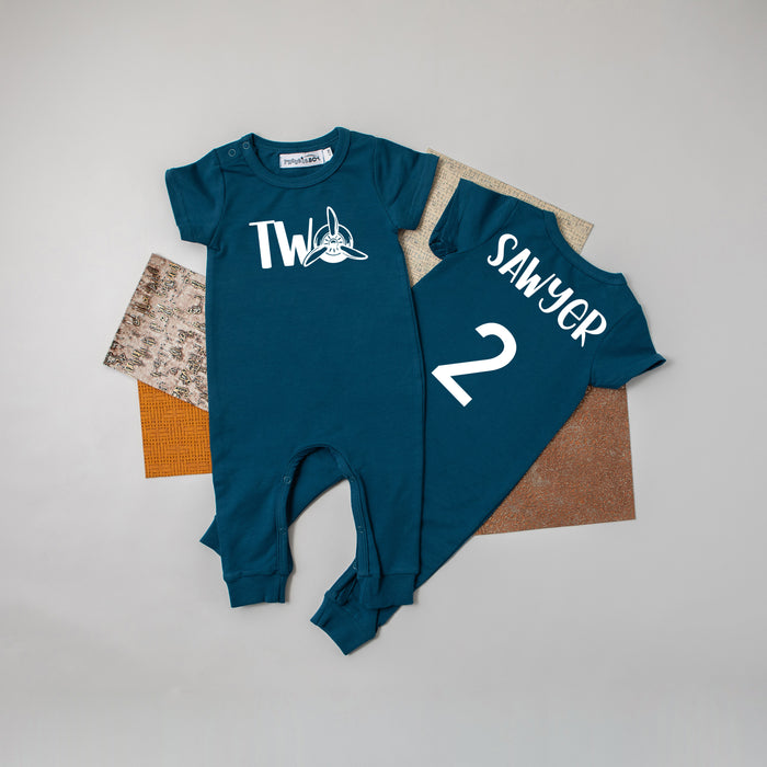 Black "Two" Airplane Slim Fit 2nd Birthday Romper