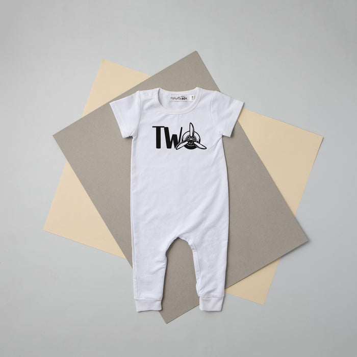 Black "Two" Airplane Slim Fit 2nd Birthday Romper