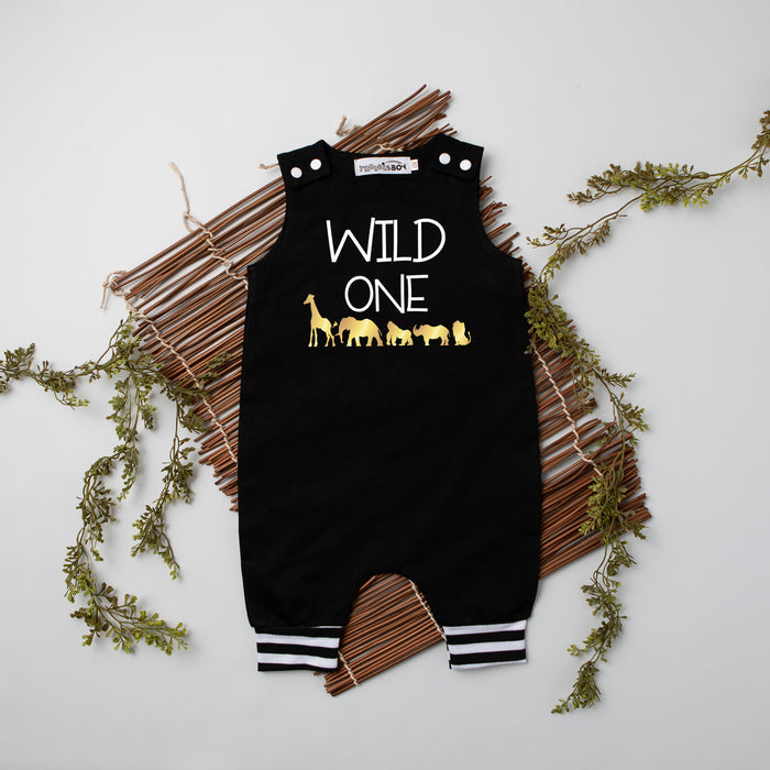 Black "Wild One" Jungle First Birthday Romper with Striped Cuff