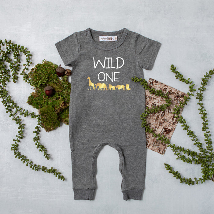 Black "Wild One" Jungle Slim Fit First Birthday Romper