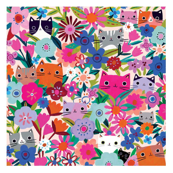 Colorful illustration of playful pink, orange, white, and gray cats peeking from vibrant flowers and lush leaves. Tara Lilly’s Blooming Cats 500 Piece Puzzle is perfect for any cat lover who enjoys whimsical floral patterns.
