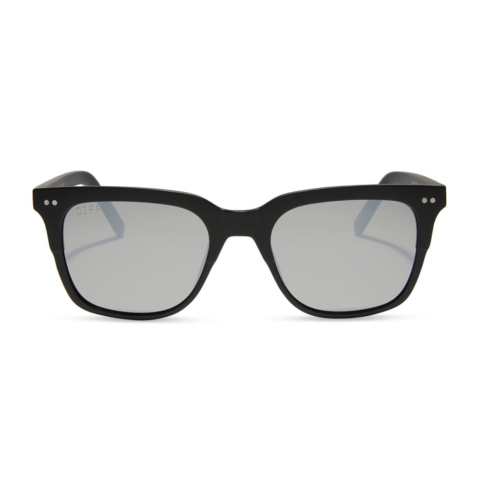 diff eyewear bobby square sunglasses with a matte black frame and grey mirror lenses front view