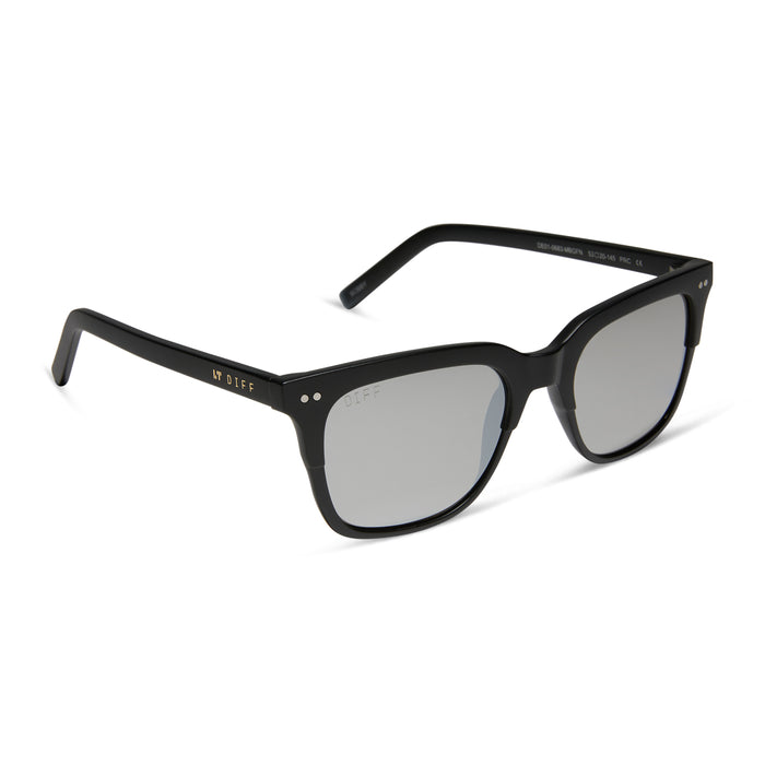 diff eyewear bobby square sunglasses with a matte black frame and grey mirror lenses angled view