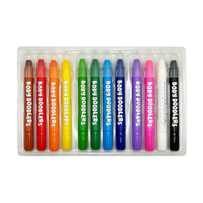 Open pack of OOLY Body Doodlers - Face & Body Crayons showing all the body crayons in a tray