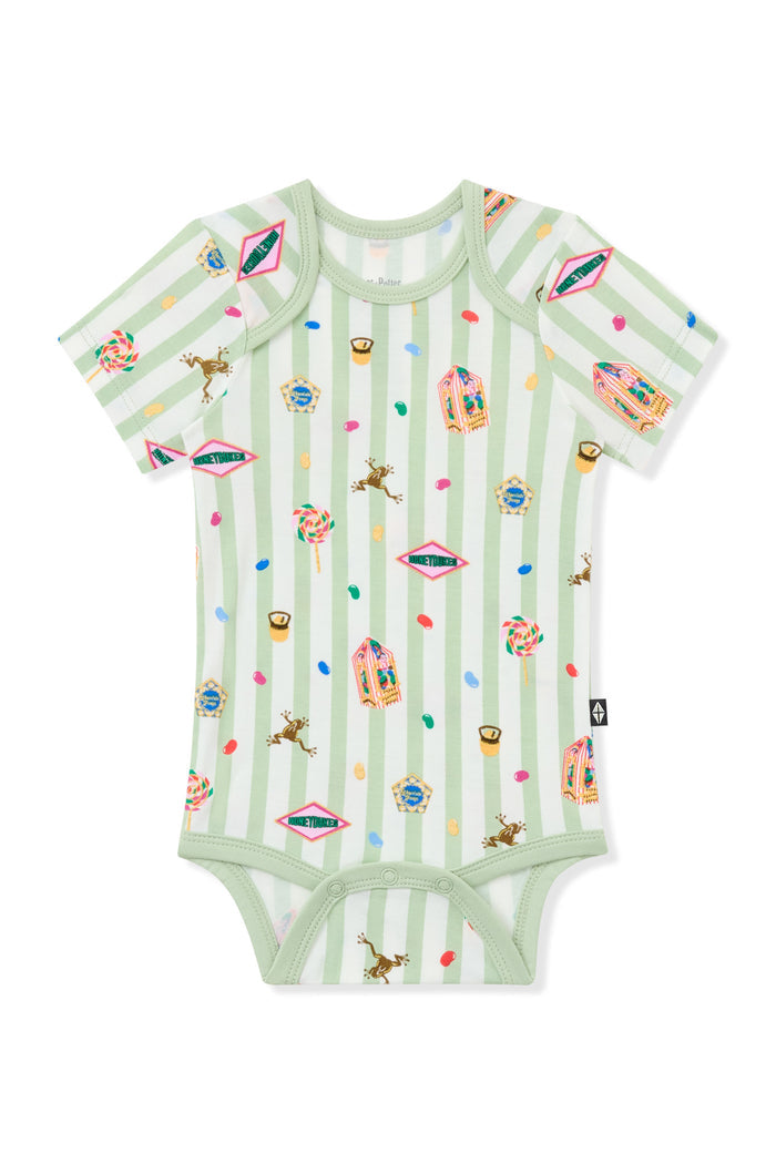Green and white striped bodysuit with colorful Harry Potter patterns on a white background