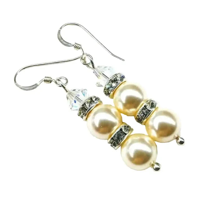 Bridal Sterling Silver Stacked Crystal and Pearl Earrings featuring Swarovski crystal pearls and sparkling accents.