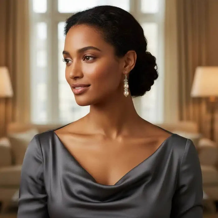 Bridal Sterling Silver Stacked Crystal and Pearl Earrings worn by a model in elegant attire.