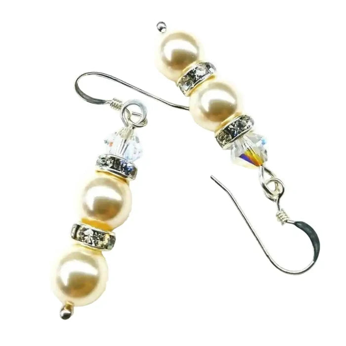 Bridal Sterling Silver Stacked Crystal and Pearl Earrings featuring Swarovski crystal pearls and sparkling accents.