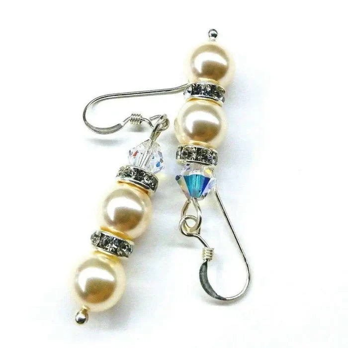 Bridal Sterling Silver Stacked Crystal and Pearl Earrings featuring Swarovski pearls and sparkling crystals.