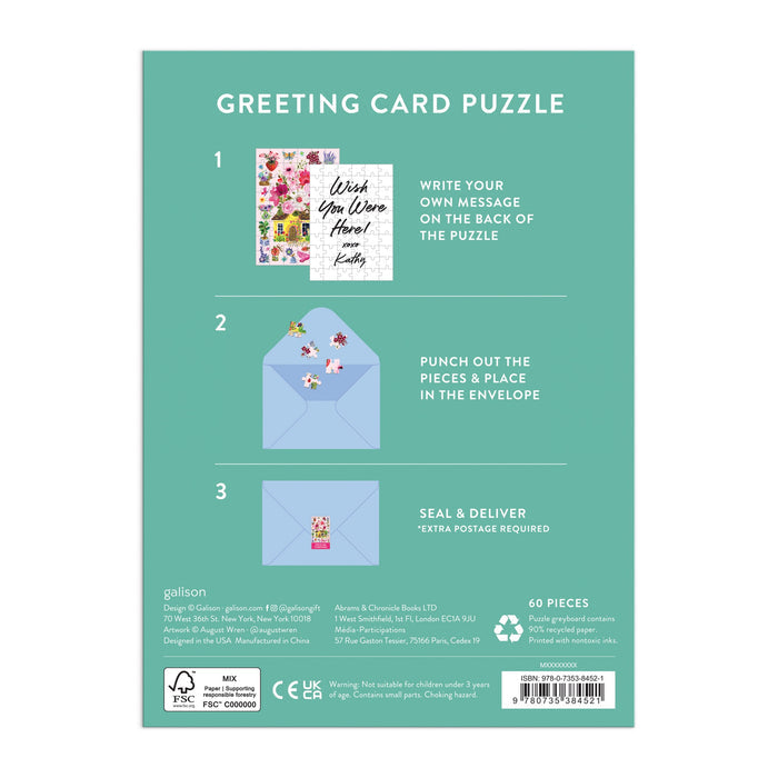 Back of Buzzy Bouquets Greeting Card Puzzle box: 1) Write a message, 2) Punch out pieces & place in envelope, 3) Seal & deliver. Includes card, puzzle pieces & envelopes in Jennifer O Lewis/August Wren’s signature style.