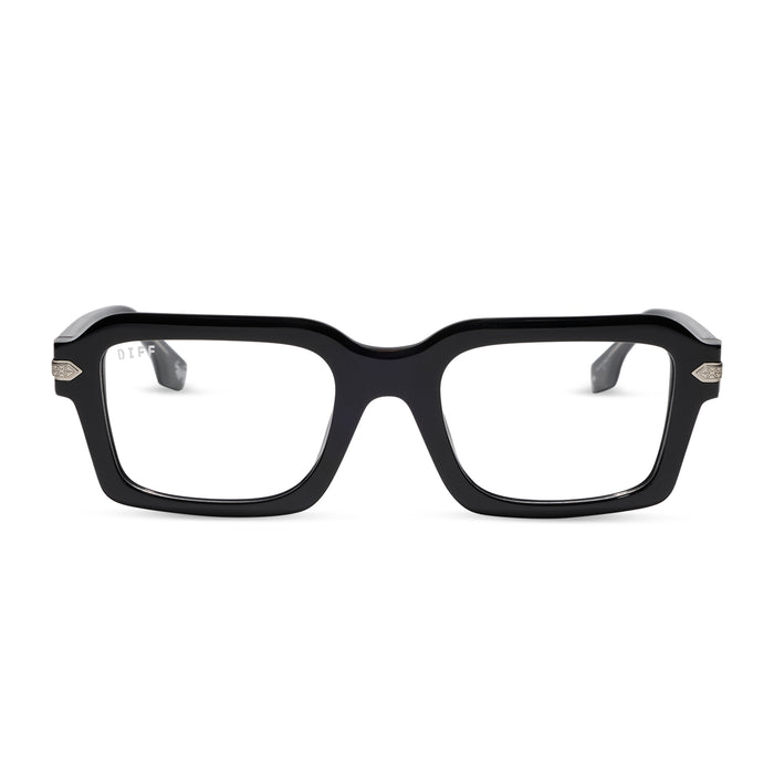 diff eyewear x stephen wilson jr. calico creek square prescription glasses with a black acetate frame front view