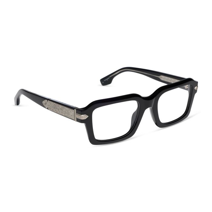 diff eyewear x stephen wilson jr. calico creek square prescription glasses with a black acetate frame angled view