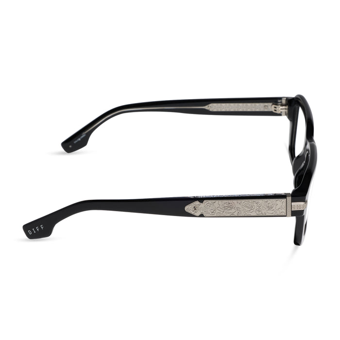 diff eyewear x stephen wilson jr. calico creek square prescription glasses with a black acetate frame side view