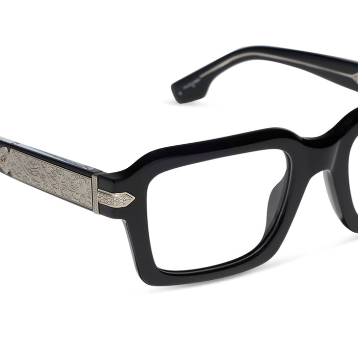 diff eyewear x stephen wilson jr. calico creek square prescription glasses with a black acetate frame detailed view