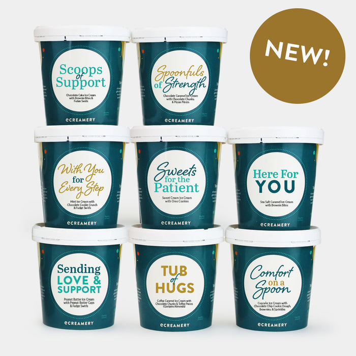 Assorted ice cream pints with various Cancer Care Package themed messages on a white background with a "NEW" callout