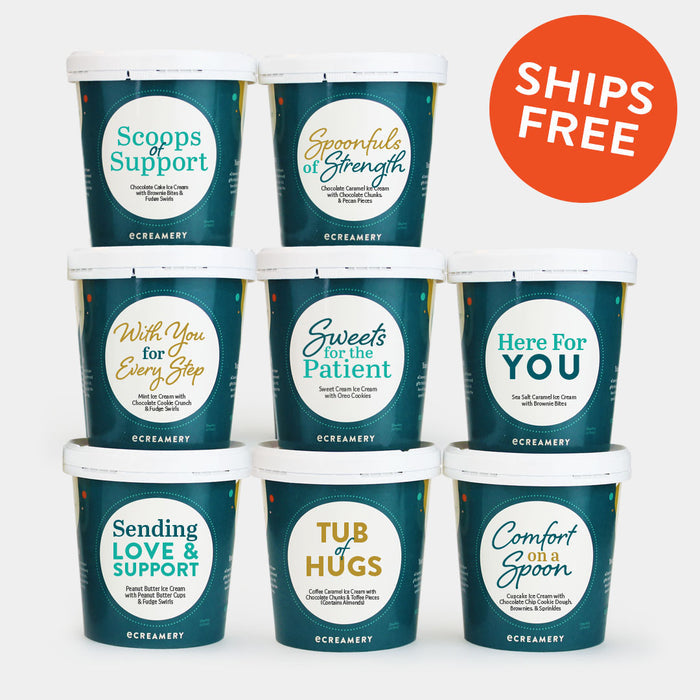 Assorted ice cream pints with various Cancer Care Package themed messages on a white background with a "ships free" callout