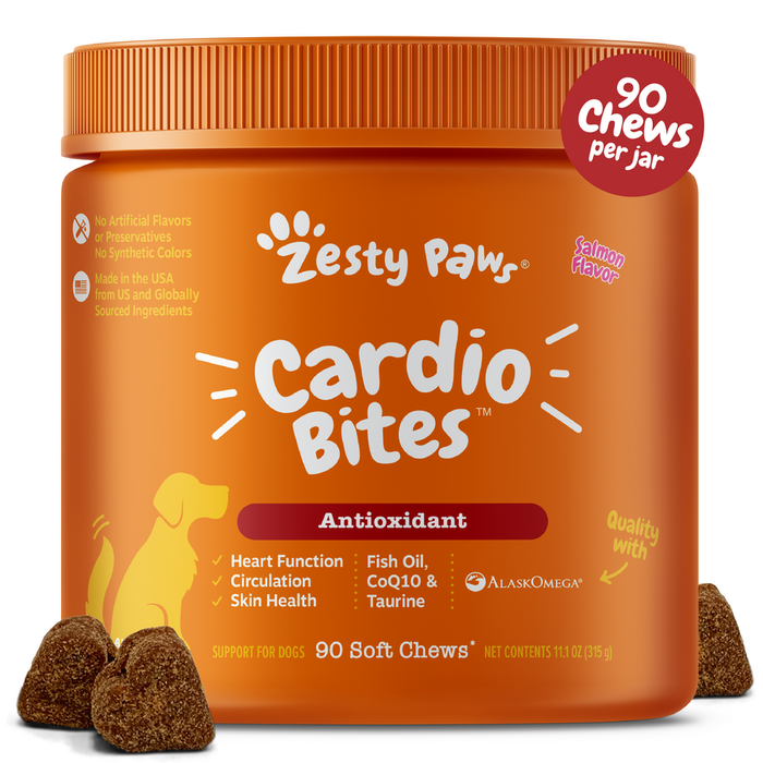 Orange jar of Zesty Paw Cardio Bites dog treats with salmon flavor, containing 90 soft chews.