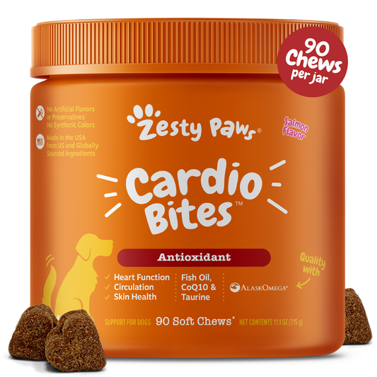 Orange jar of Zesty Paw Cardio Bites dog treats with salmon flavor, containing 90 soft chews.