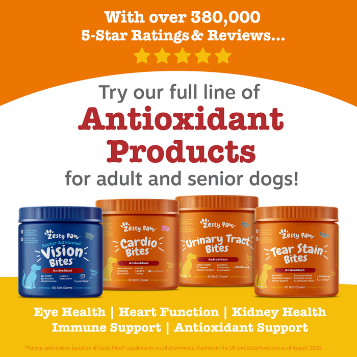 Four containers of dog supplement treats including Vision Bites, Cardio Bites, Urinary Tract Bites, and Tear Stain Bites.