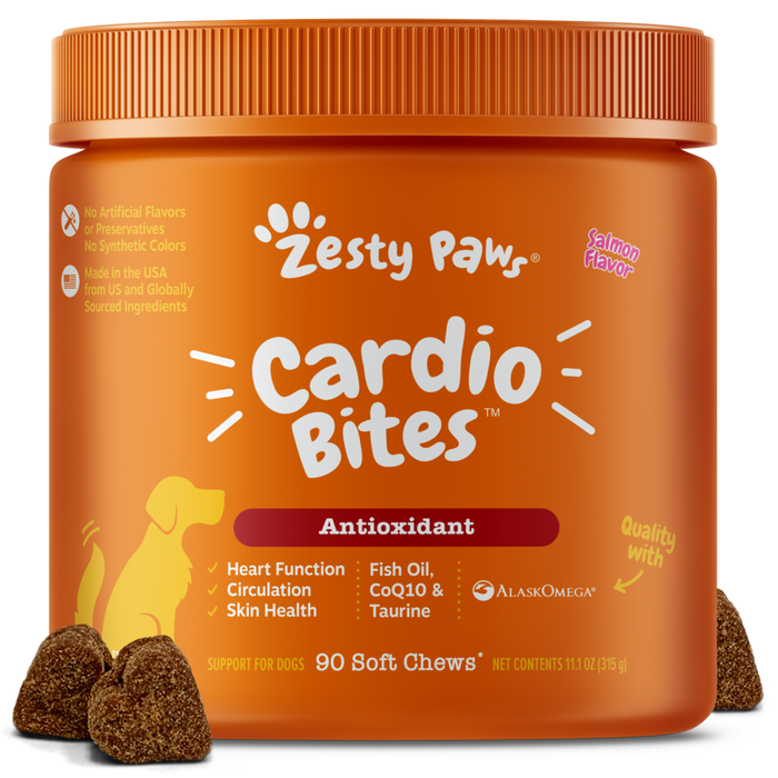 Orange jar of Zesty Paws Cardio Bites dog supplements with salmon flavor, containing 90 soft chews and brown bite-sized chews