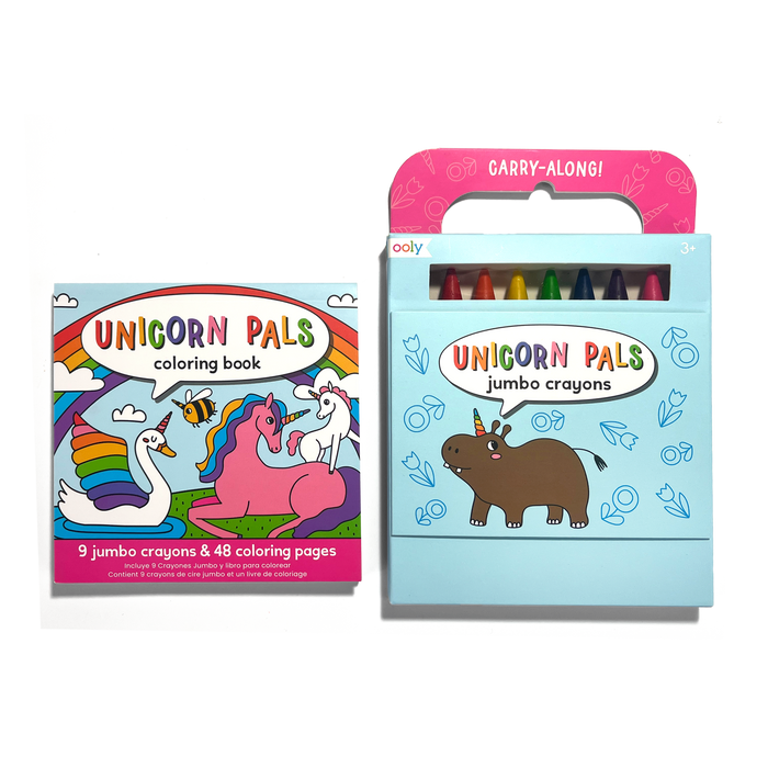OOLY Carry Along! Coloring Book and Crayon Set - Unicorn Pals with coloring book and crayon set side-by-side