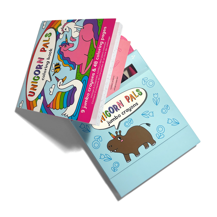 OOLY Carry Along! Coloring Book and Crayon Set - Unicorn Pals with coloring book and crayon set angled