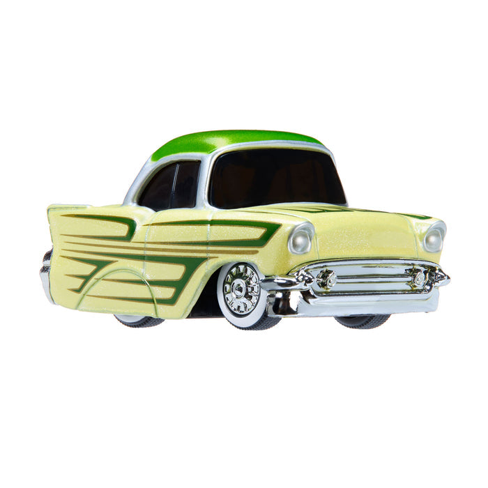 Car with a green roof and yellow body on a white background